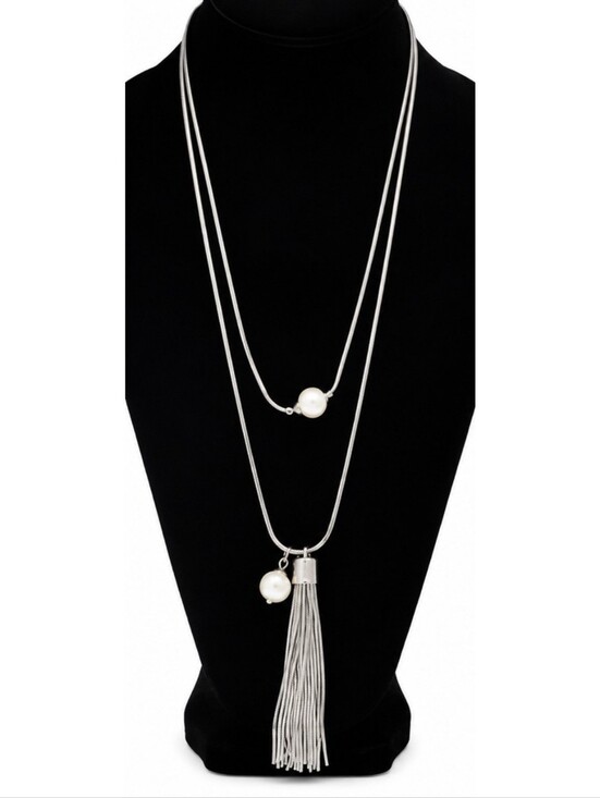 White House Black Market Jewelry - White House Black Market Silver Tone Tassel Necklace Faux Pearl Long Statement